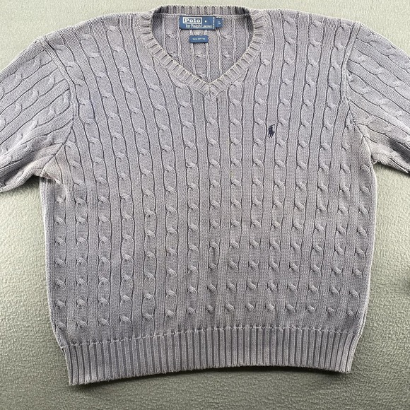 Polo By Ralph Lauren Sweater Mens Large Gray Cable Knit V Neck Cotton Pullover - Picture 4 of 8